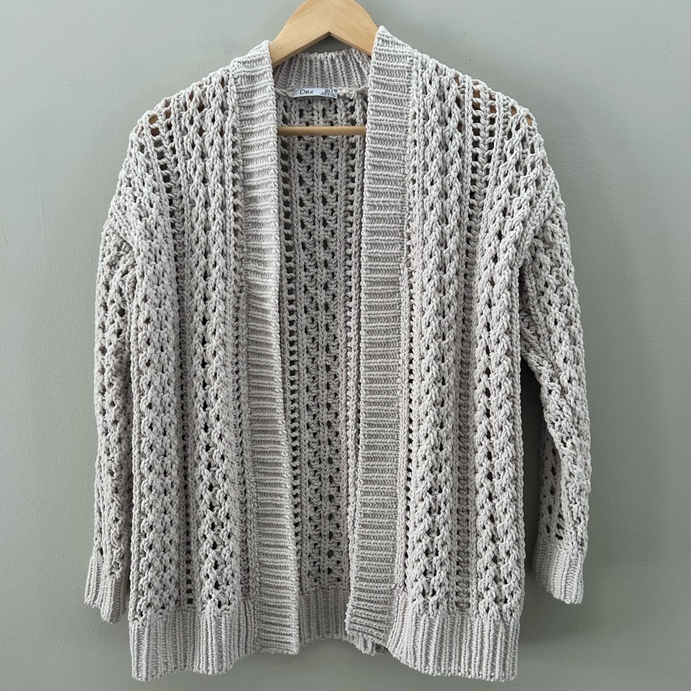 Dex Chunky S/M Beige Open Crochet Stitch Open Front Oversized Fit Cardigan - Picture 2 of 3